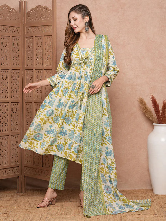 Floral Mirror Embroidered Kurta Set